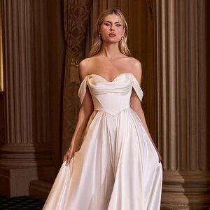 New A-Line Formal Off Shoulder Wedding Dress w/ Lace Up Back & Leg Slit CD 7449W